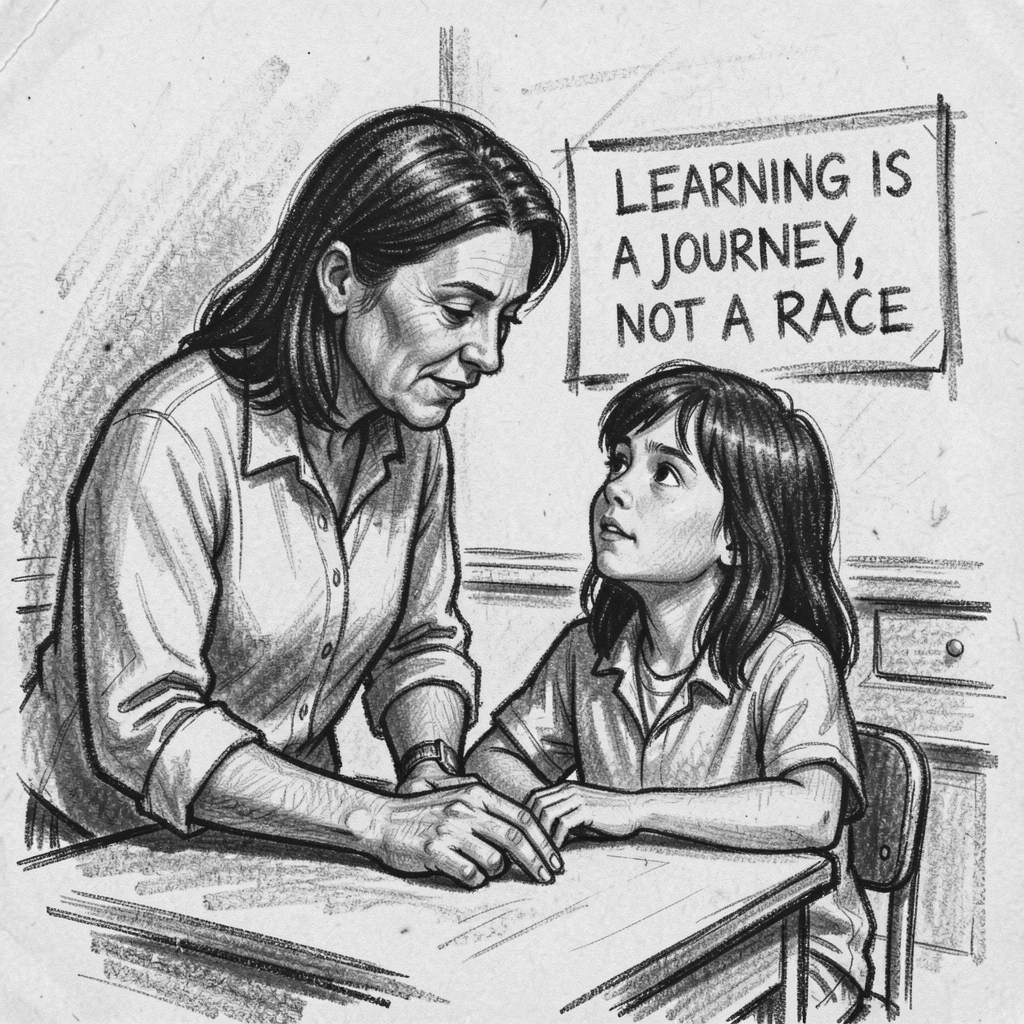A teacher helping a struggling student finally understand, in a moment of quiet togetherness.