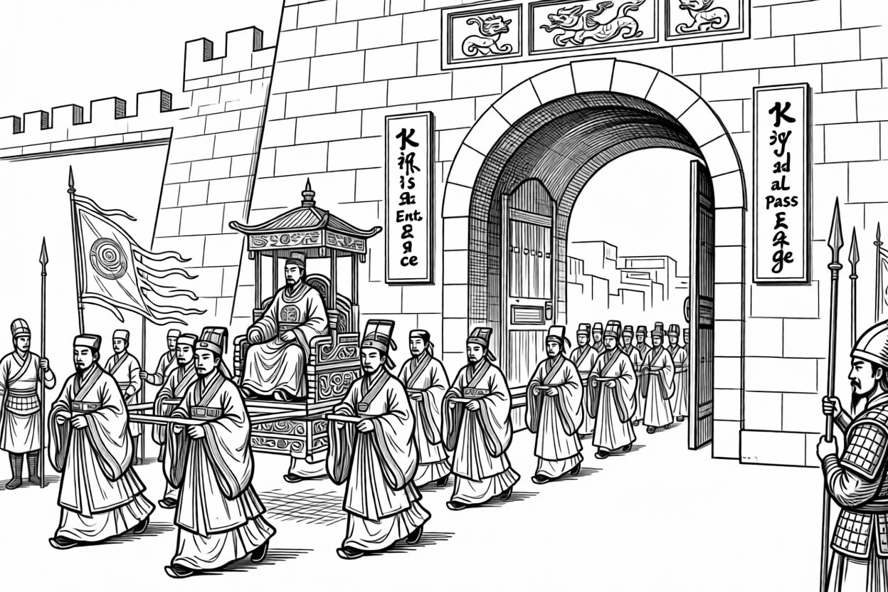 A traditional royal procession moving through an ancient city gate.
