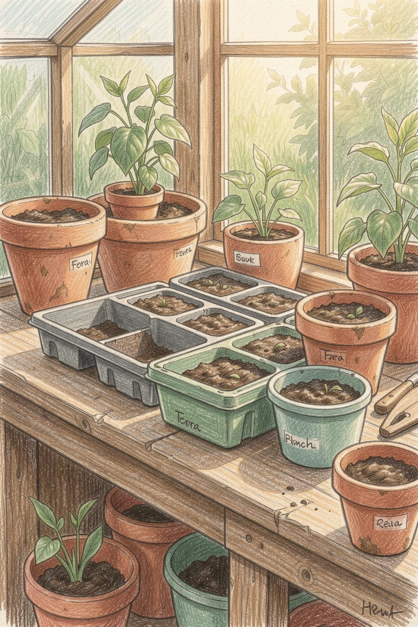 A greenhouse workbench covered in seed trays and terra cotta pots, with soft, natural light bringing warmth to every detail, full of charm, emotion, and visual delight.