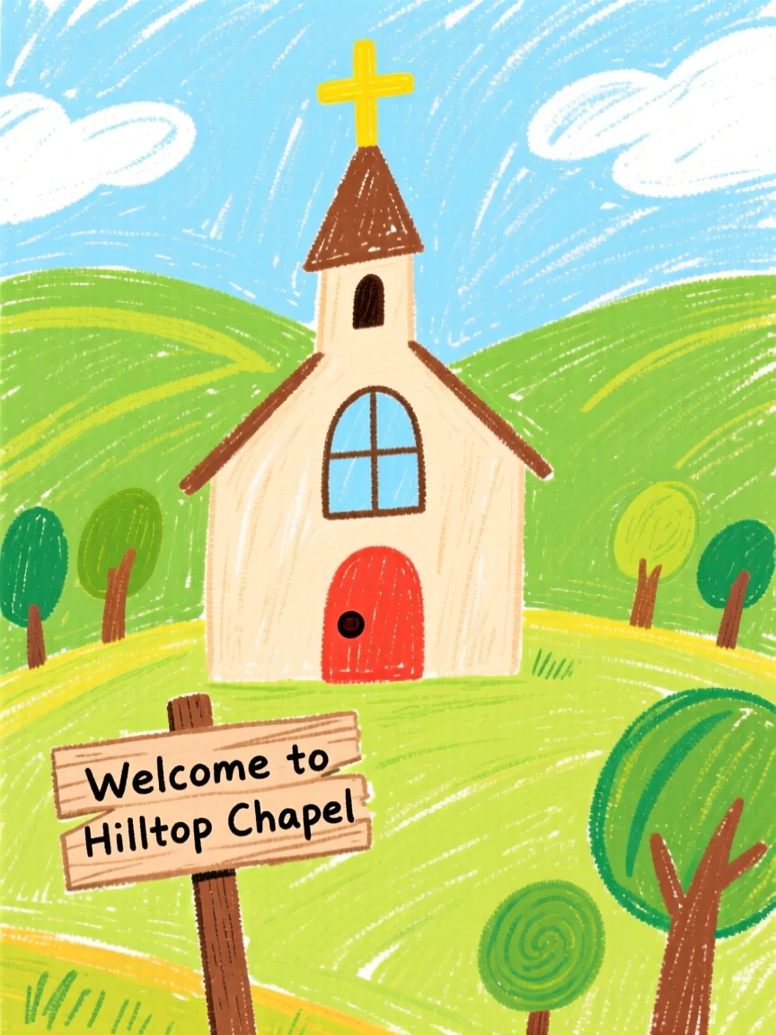 A village chapel nestled among rolling green hills.