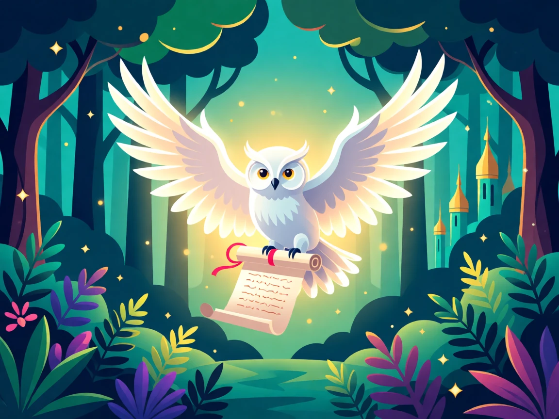 A glowing owl messenger delivering a scroll through an enchanted forest, set within a mystical kingdom shrouded in soft golden light, arranged with soft glowing light radiating from the center, with rich jewel tones that evoke wonder and imagination.