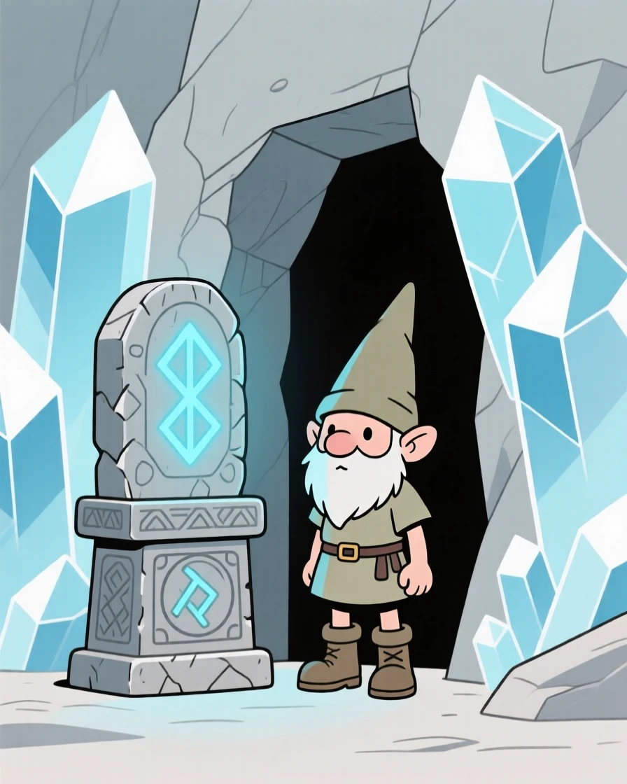 A tiny gnome guarding an ancient relic near a crystal cave.