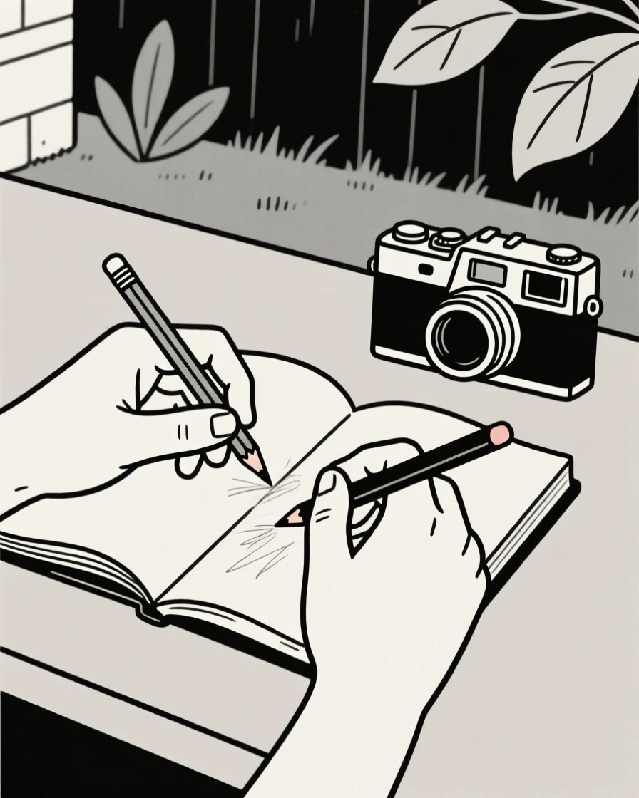 A close view of hands sketching in a notebook near vintage camera equipment in a quiet backyard, full of creative flow.