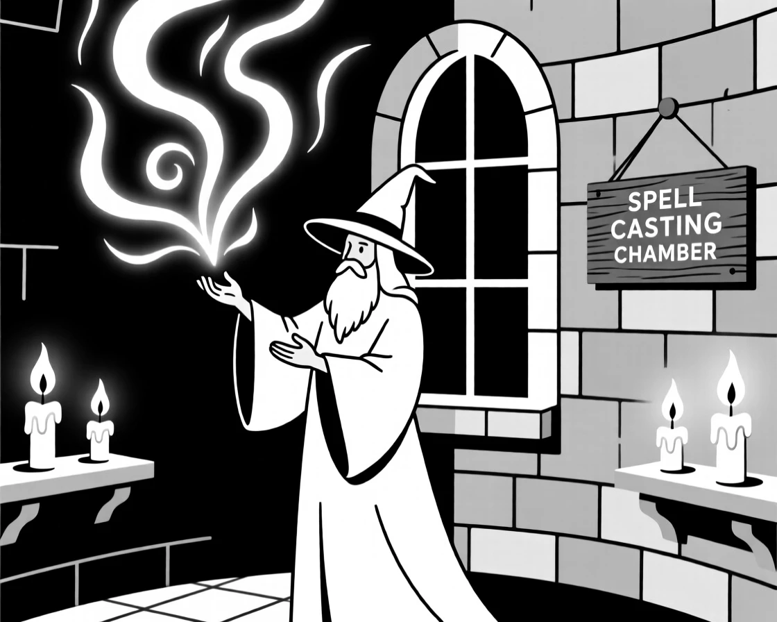 A wizard casting a glowing spell in a candlelit tower.