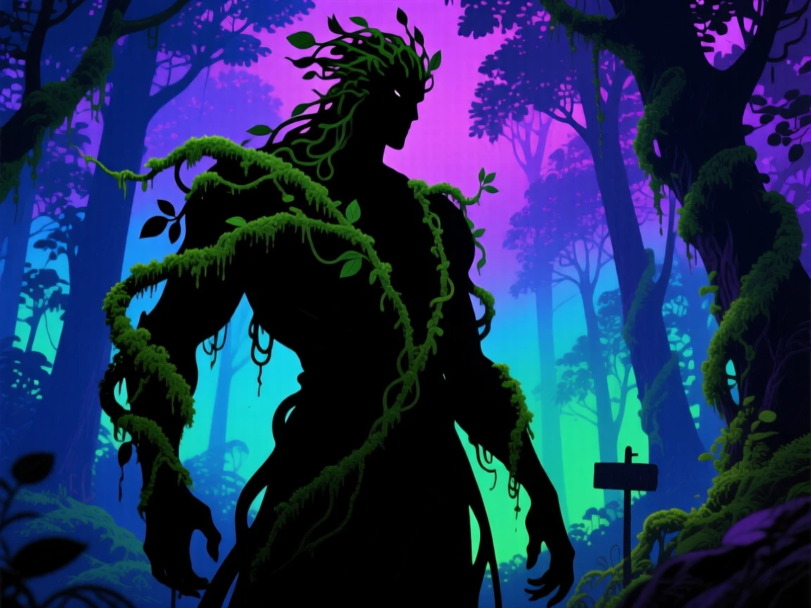 A forest guardian made entirely of moss and vines watching from the shadows.