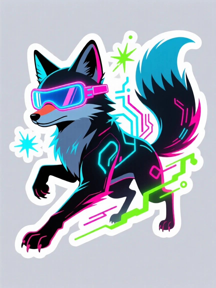A wildly imaginative cyberpunk-style fox with neon-lit goggles, surrounded by glowing special effects, during an exciting made-up adventure.