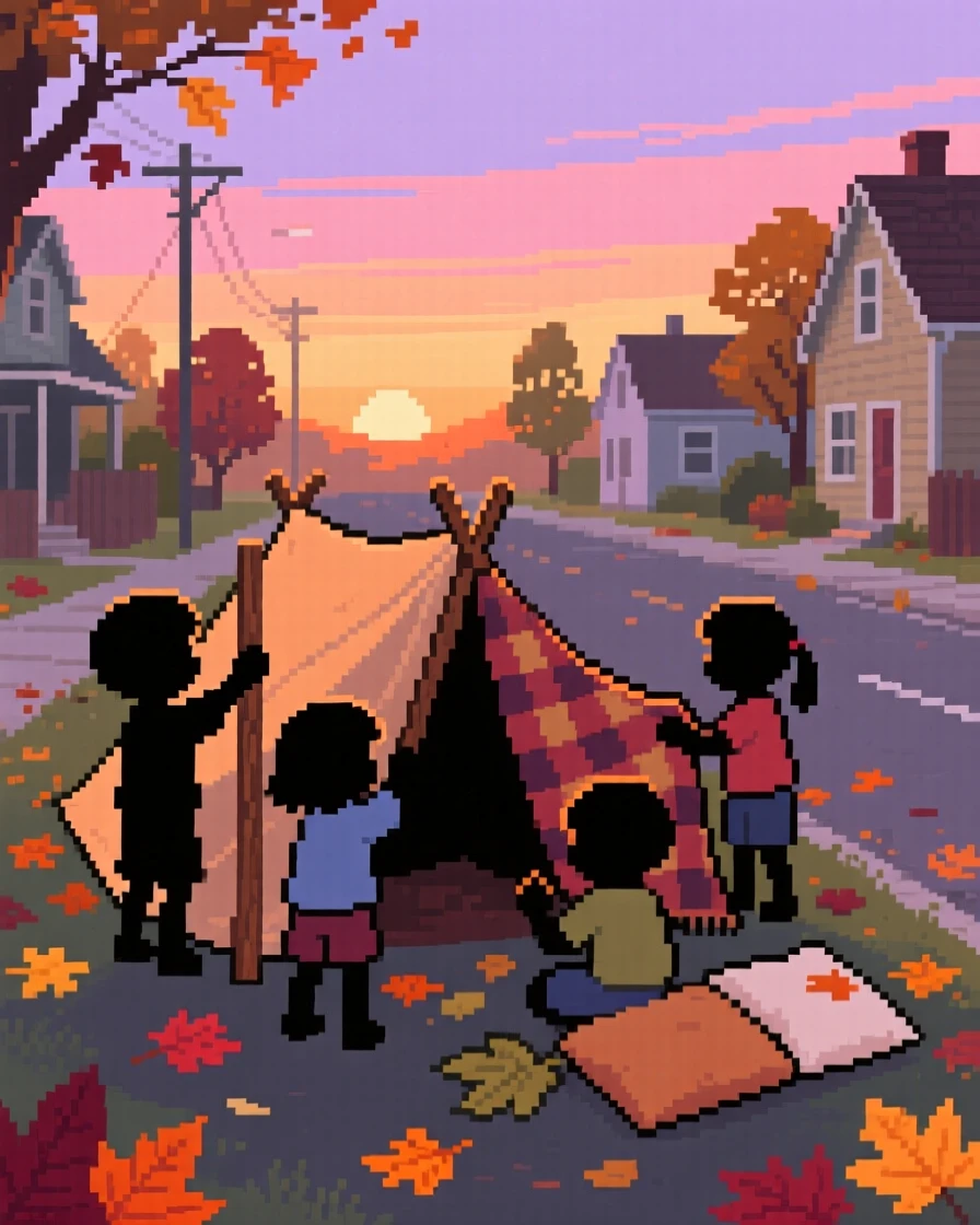 A group of children building a blanket fort surrounded by fallen leaves on a quiet street, in a small countryside town at sunset.