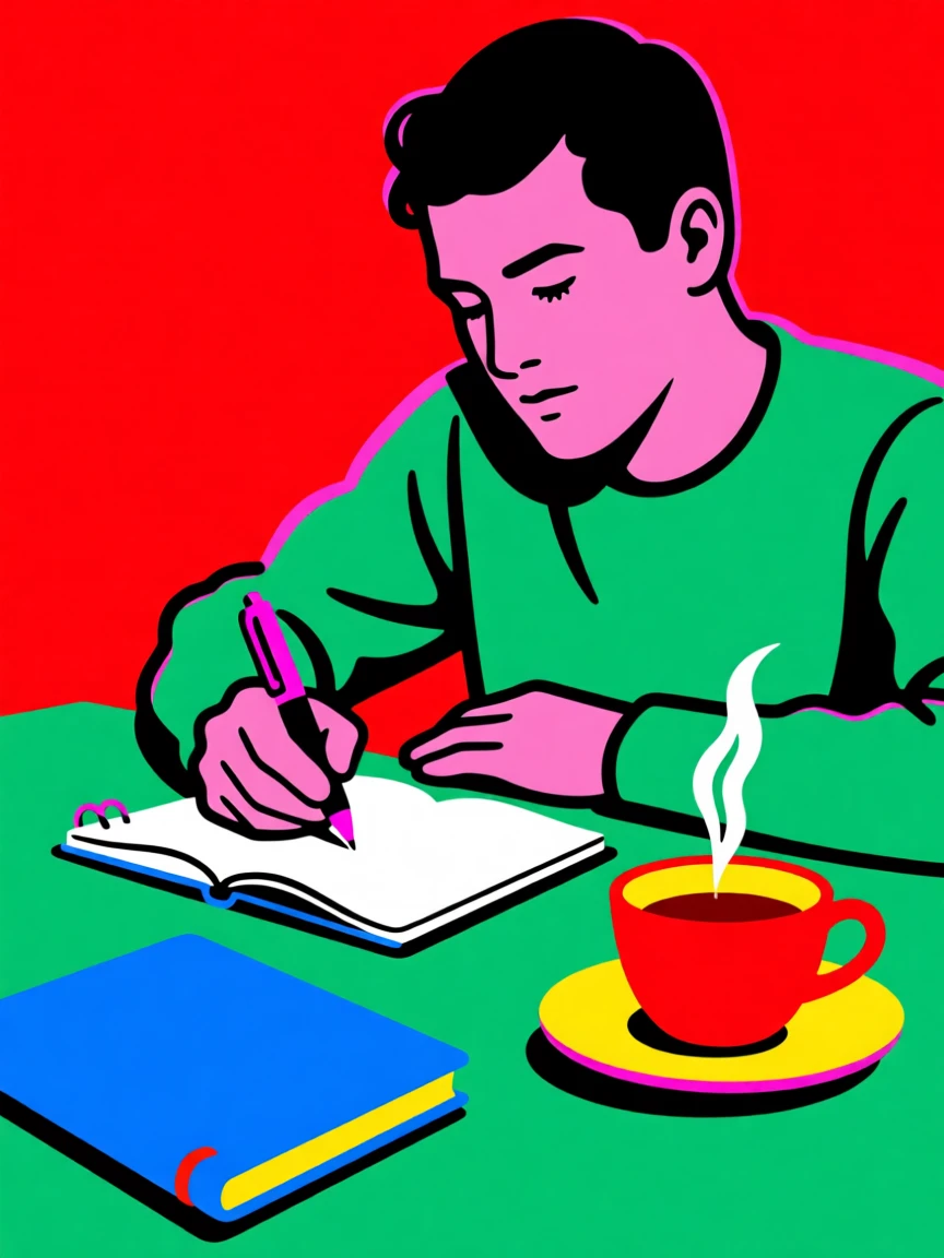 Journaling scene with a cup of tea and pen