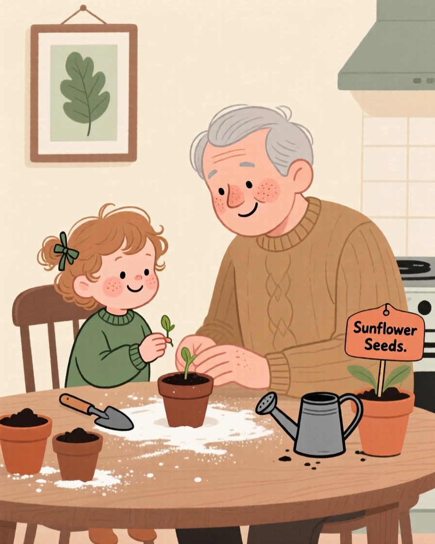 A grandfather teaches a curious toddler how to plant seeds in small pots at the kitchen table while flour dusts the wooden table, both focused and smiling.