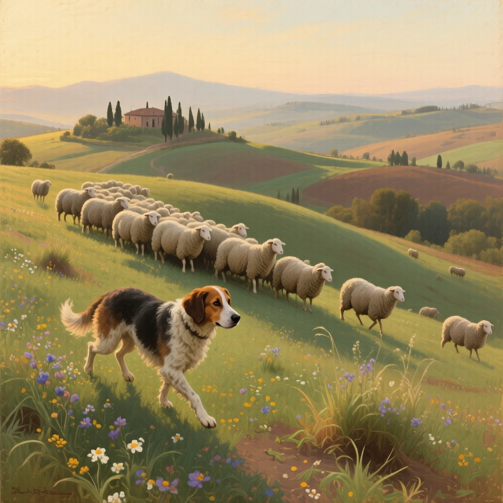 A panoramic view of a shepherd dog herding sheep across a rolling green hillside, in early morning light, in rural Tuscany.