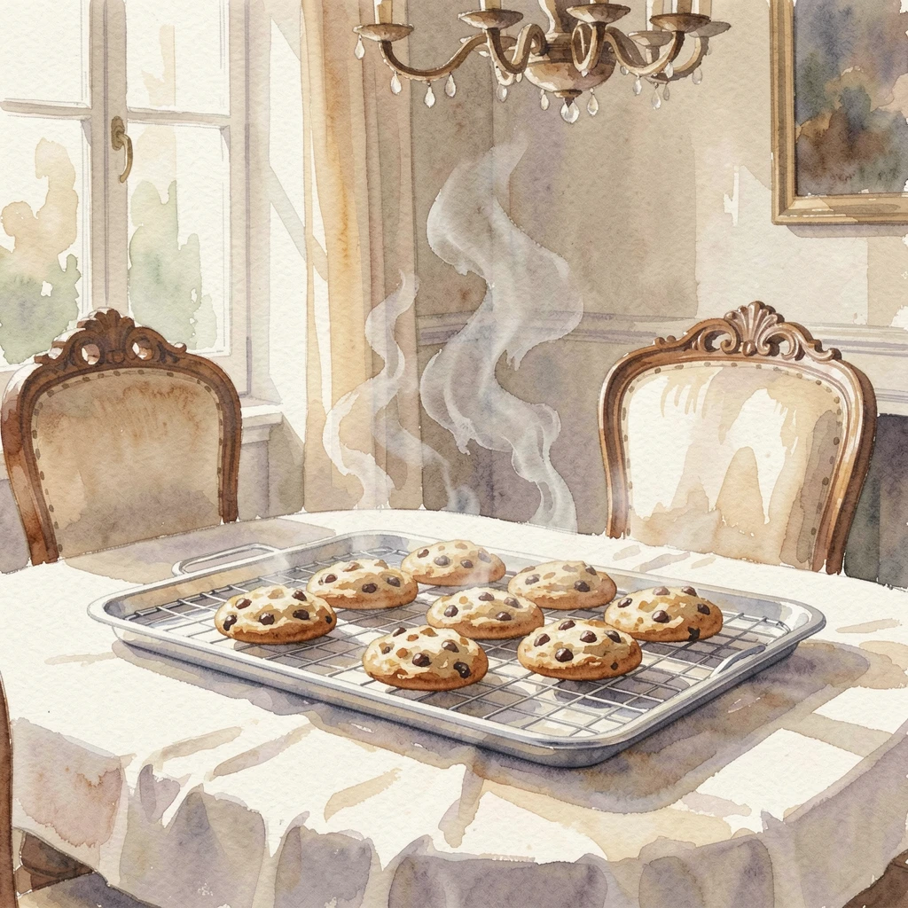 A tray of freshly baked cookies cooling on a rack in an elegant dining room setting with steam gently rising.