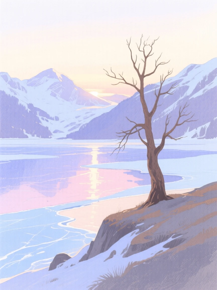 A breathtaking view of a frozen alpine lake at first light, where a lone tree stands on a ridge