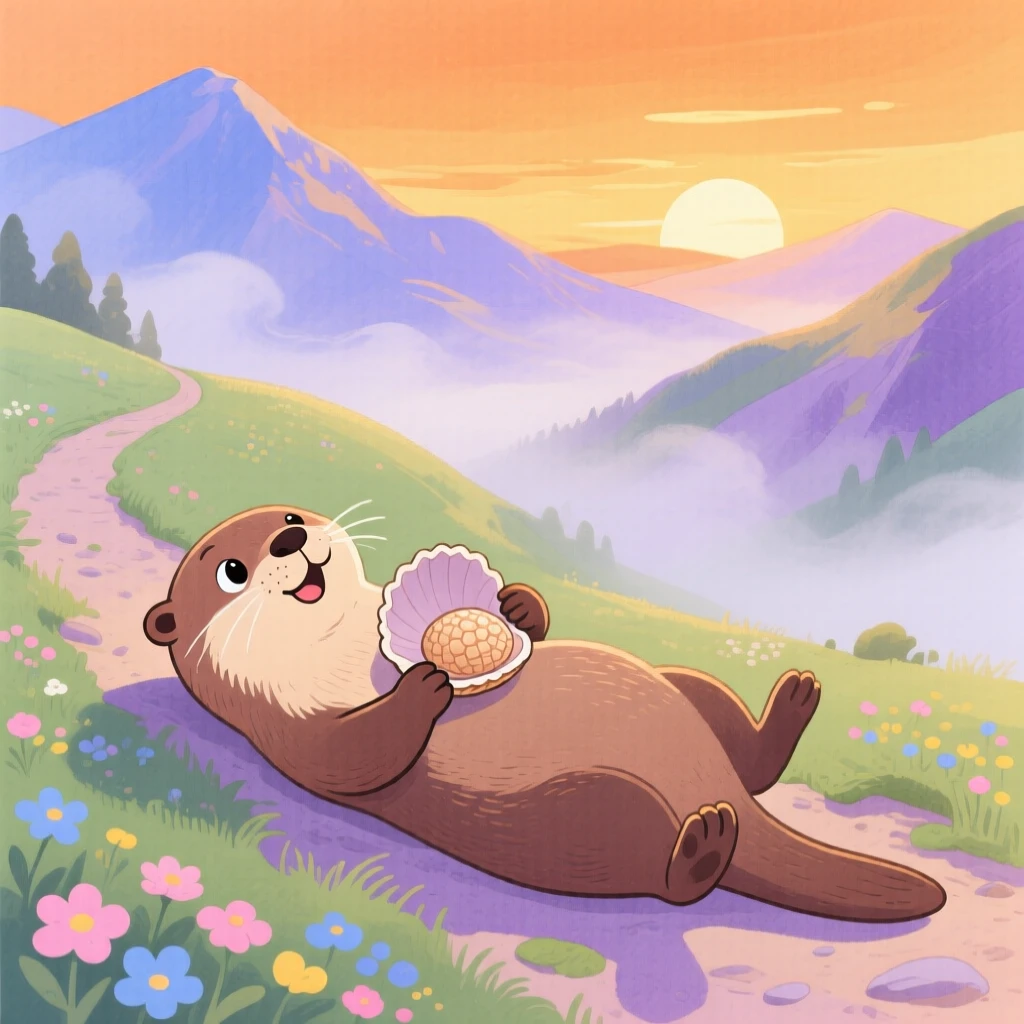 A playful otter cracking a shell on its belly exploring a misty mountain trail at sunset.