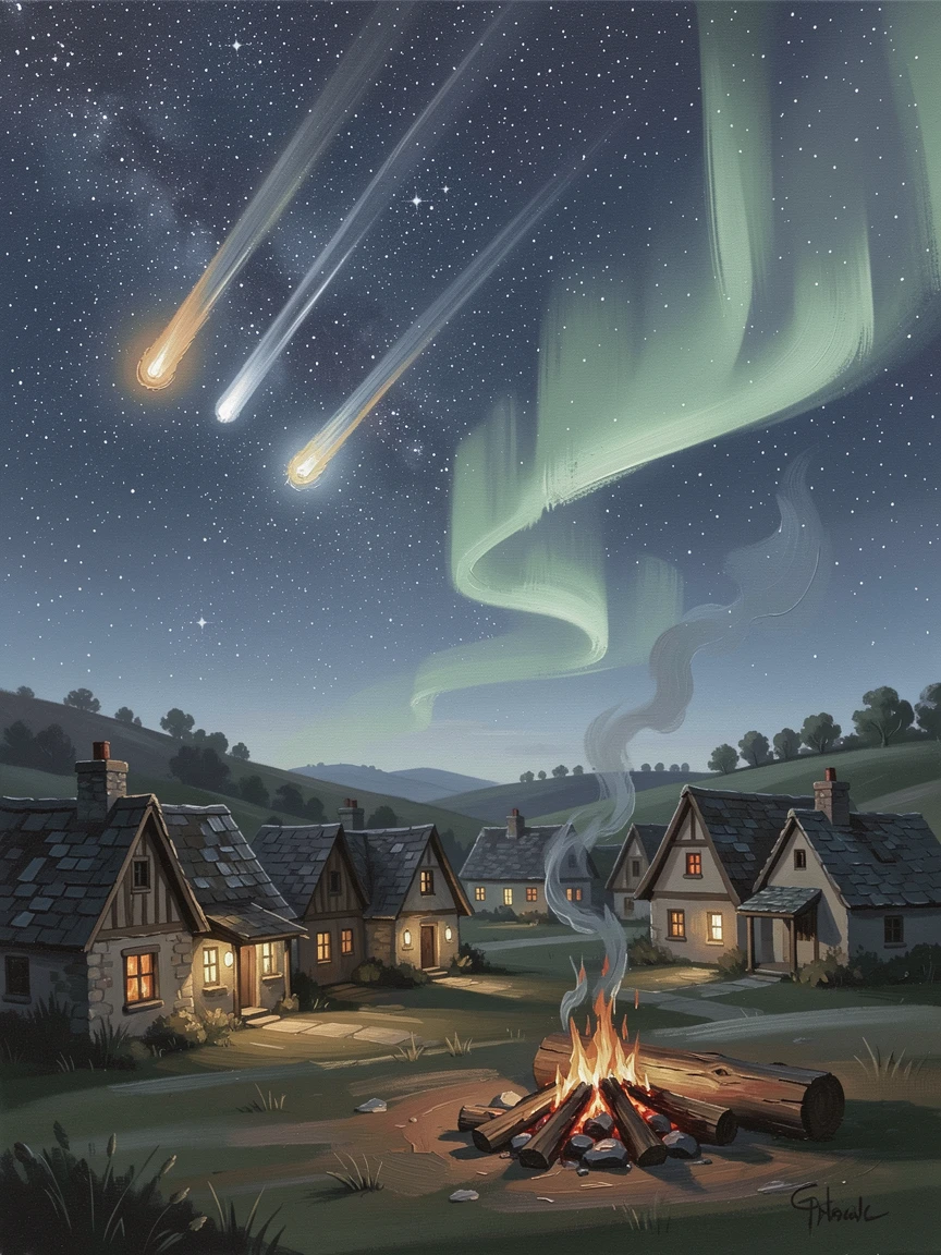 Above a sleeping village, windows dark except for a few, a meteor shower streaking across a star-filled sky, the last embers of a campfire glowing nearby, beneath a sky glowing faintly green with aurora light.