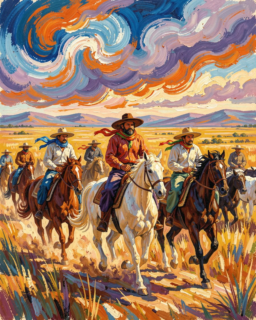 Traditional gauchos herding cattle across the open pampas of Argentina.