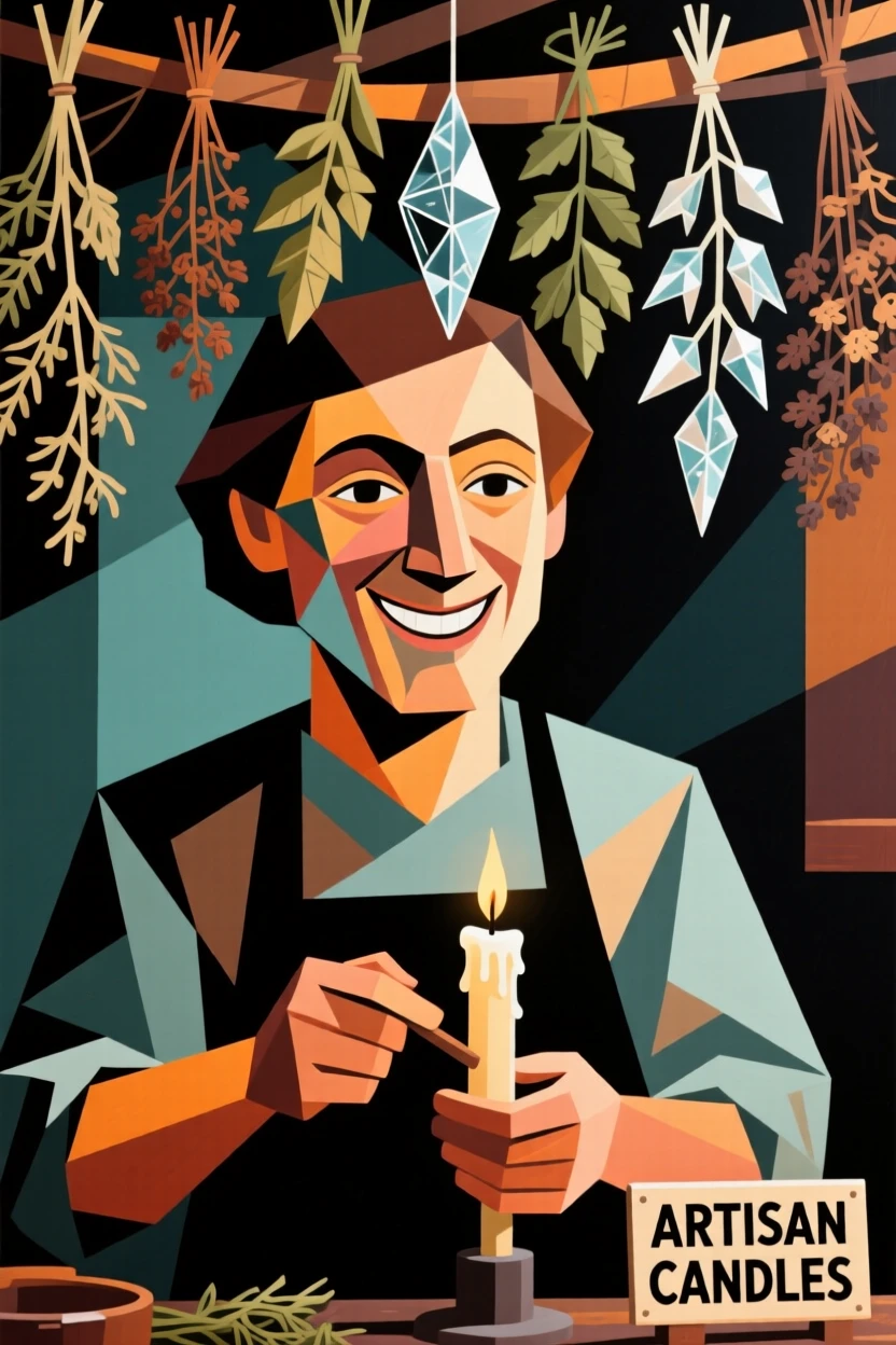 An intimate close-up of a candle maker smiling gently under a canopy of drying herbs.
