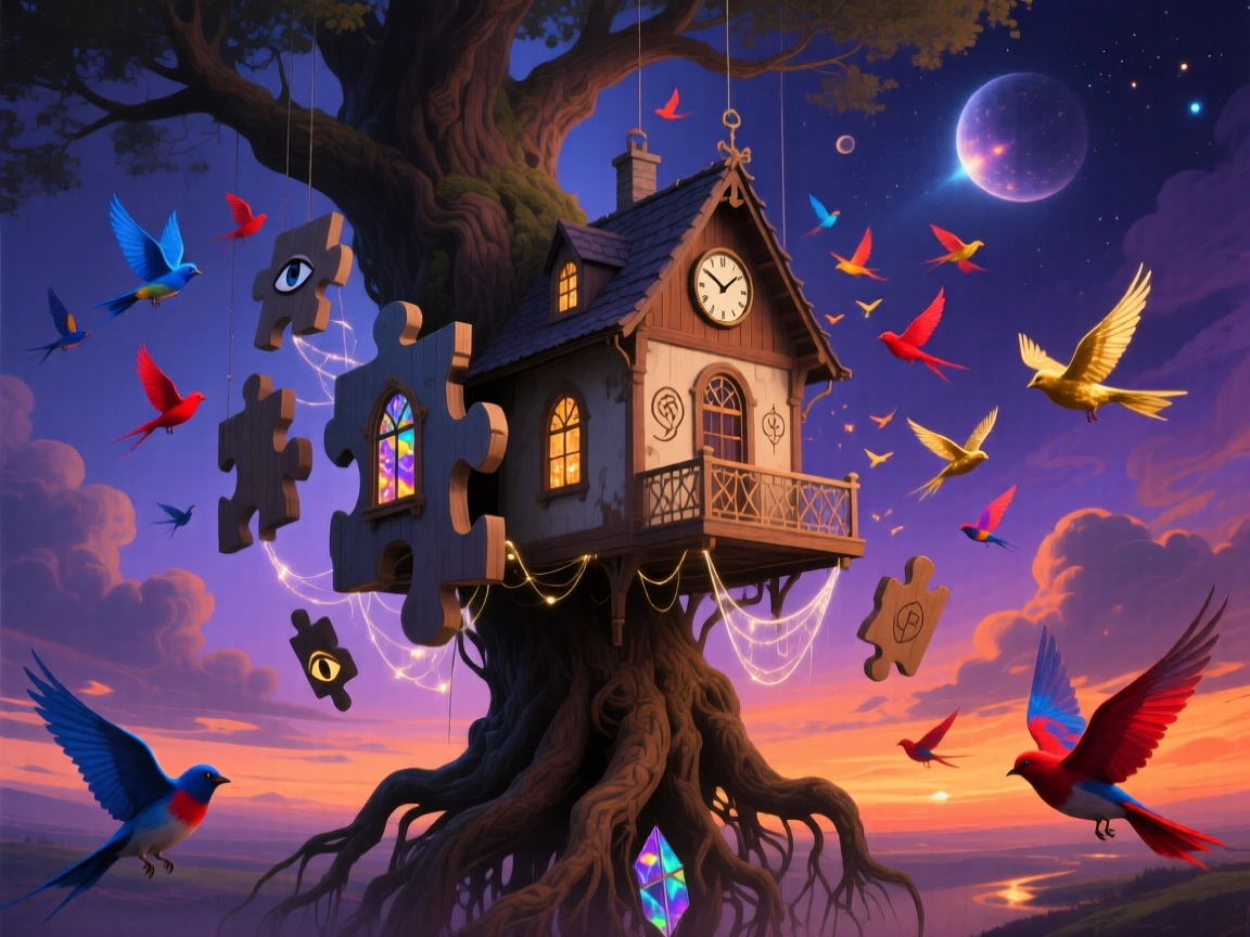 A house that hangs from the roots of a floating tree floats free of any visible ground below, while flocks of birds weave between its floating pieces.