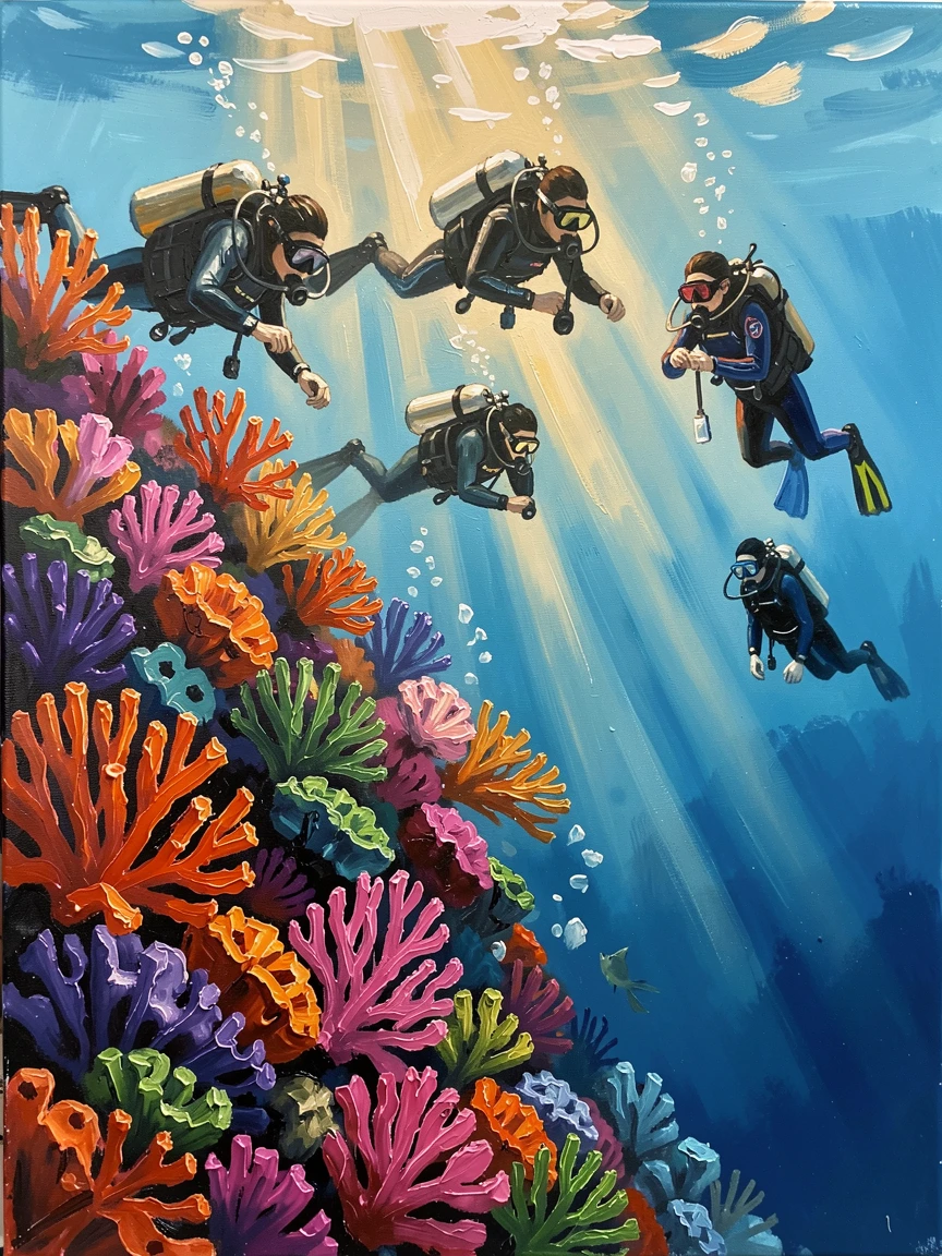 A group of scuba divers explores a vibrant coral reef wall, sunlight filtering down in dramatic shafts through the clear blue water, the changing light of the hour adding a sense of urgency and beauty to the scene.