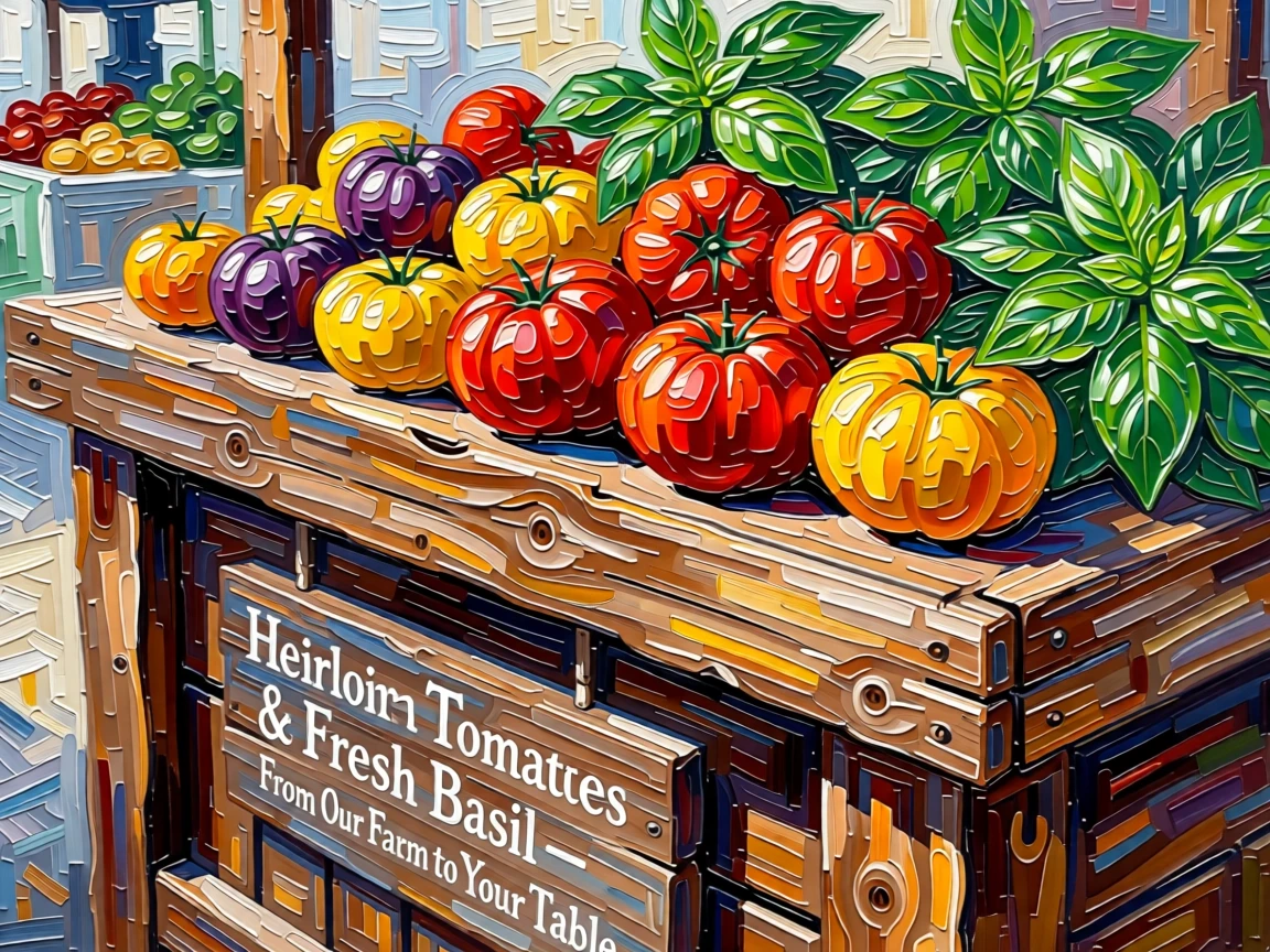 A rustic farmers market stall piled high with heirloom tomatoes and fresh basil