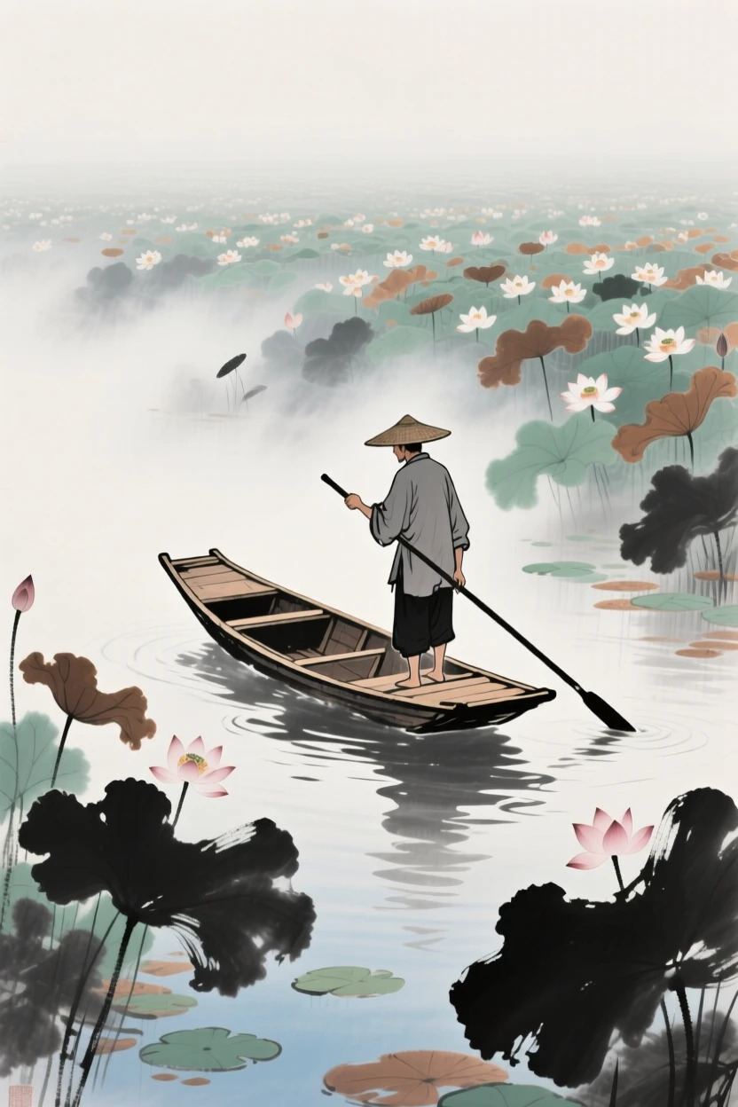 A boatman poling his craft gently through a field of lotus, through swirling morning fog, in the height of summer.