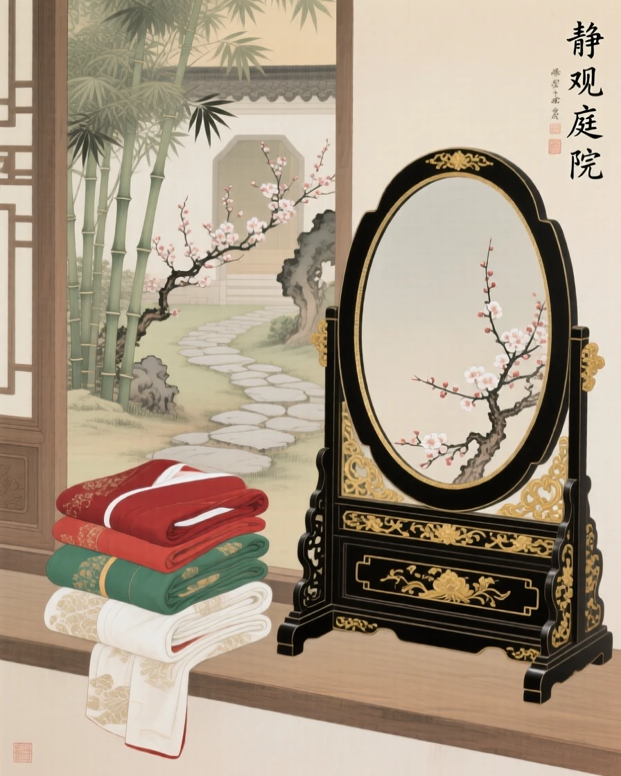 A stack of folded kimonos beside a lacquered mirror on a windowsill overlooking a garden