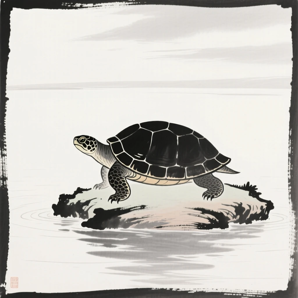 A turtle carrying a small floating island on its back above a tranquil, glowing lake, framed to emphasize scale against a vast open sky, conveying graceful power and serene majesty.