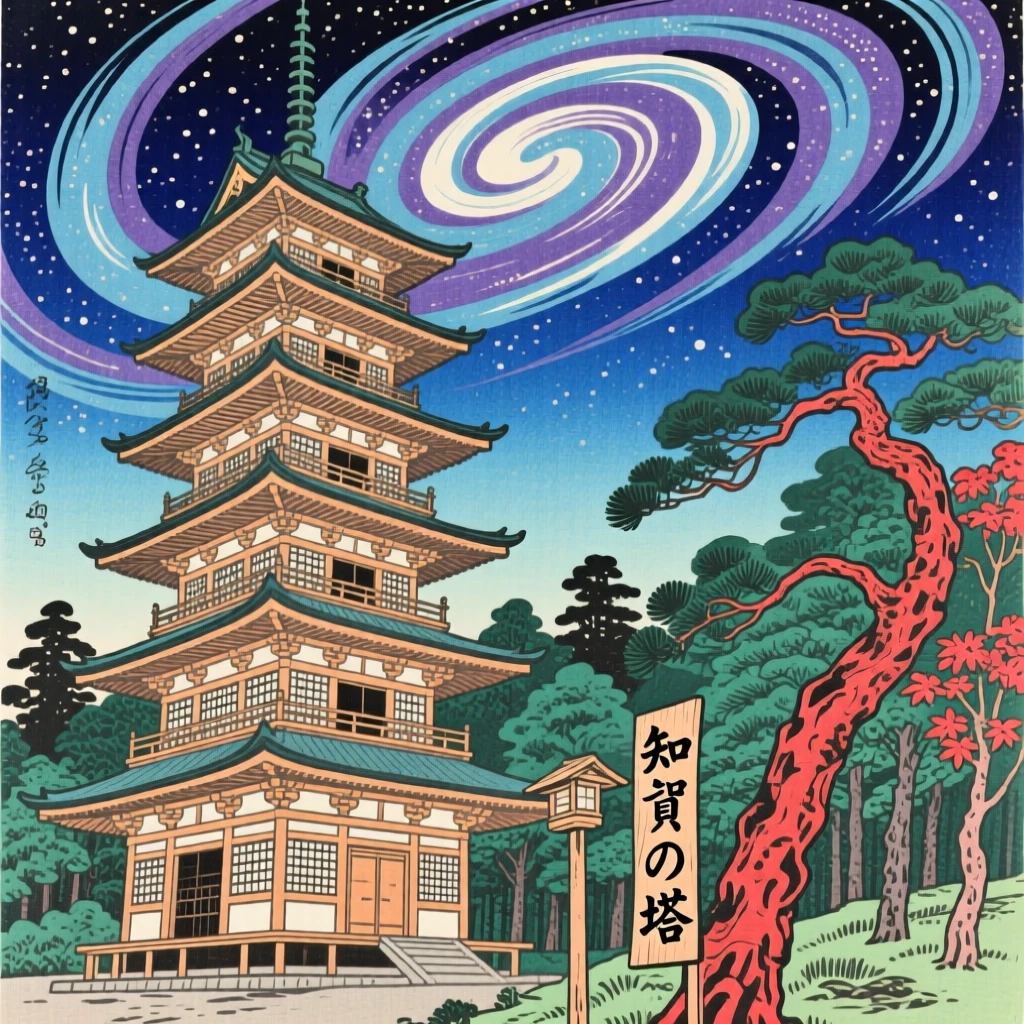 A library tower rising into a swirling galaxy, standing at the edge of an ancient forest.