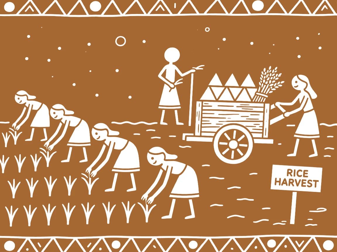 A group of women transplanting rice seedlings loading a cart with the season's harvest.