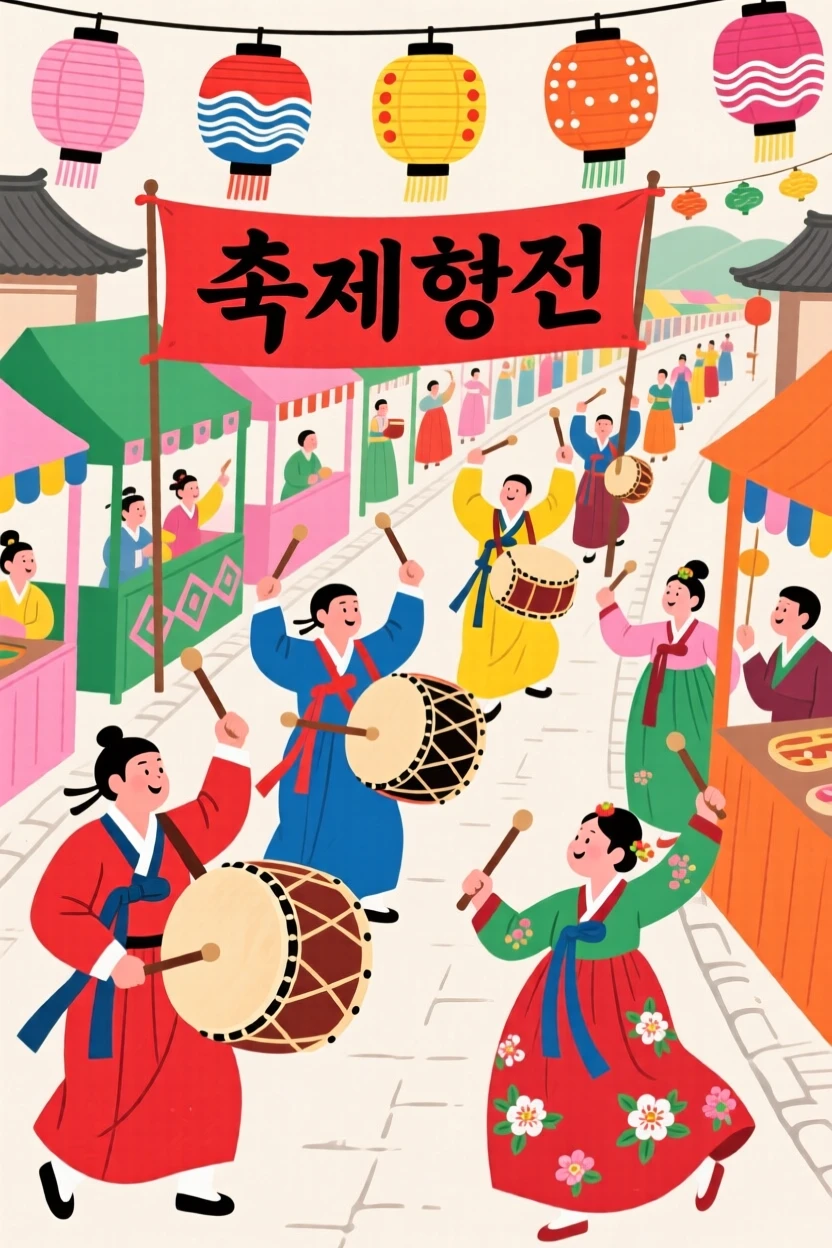 A procession of drummers and dancers moving through a festival street.