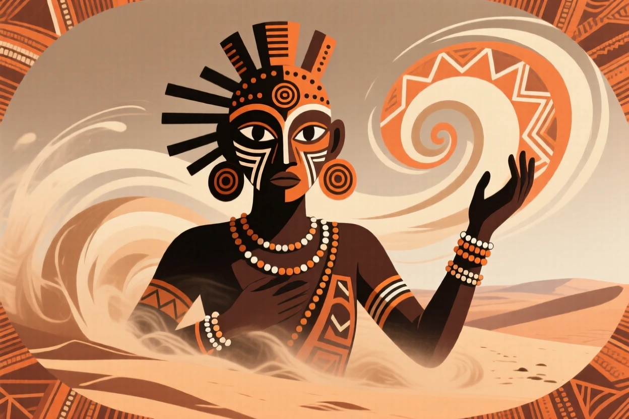 An ancestral spirit emerging from a swirling desert sandstorm.