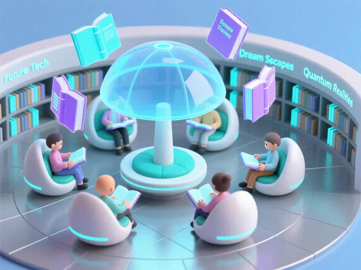 A futuristic library with holographic books floating above reading pods, patrons flipping through glowing pages.