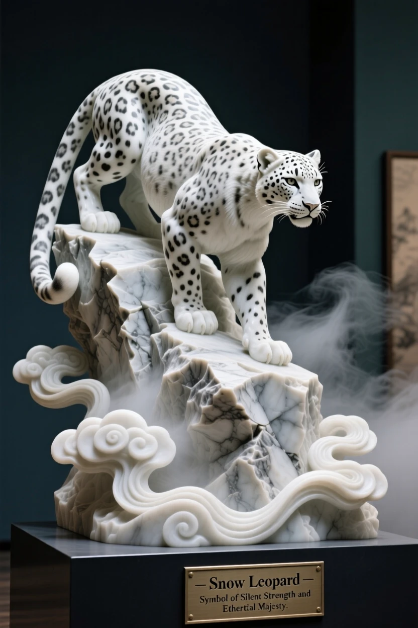 An evocative depiction of a snow leopard perched on a rocky outcrop, amid swirling clouds and mist, balancing detail with emotional depth