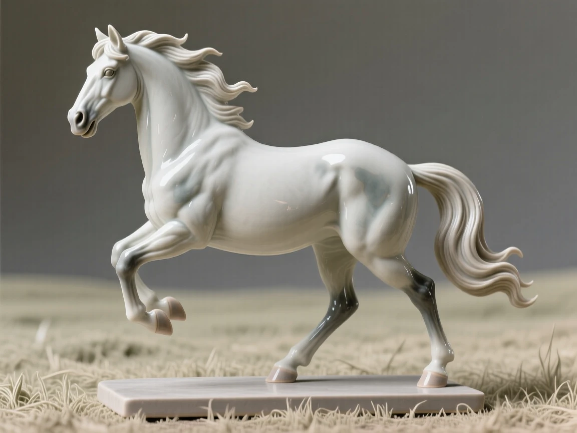 A proud stallion captured mid-stride across an open field, with delicate whiskers catching the light, filling the scene with playful, heartwarming charm.