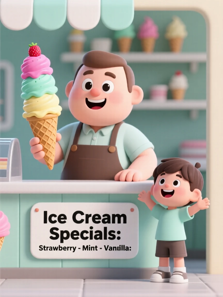 A cheerful ice cream parlor owner scoops three colorful flavors into a tall waffle cone for a delighted kid.