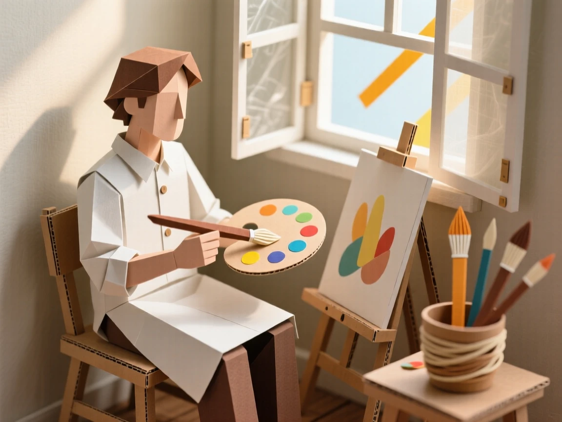 A dedicated painter seated in a warm sunlit corner, with warm natural light streaming in, capturing the satisfaction of skilled hands at work.