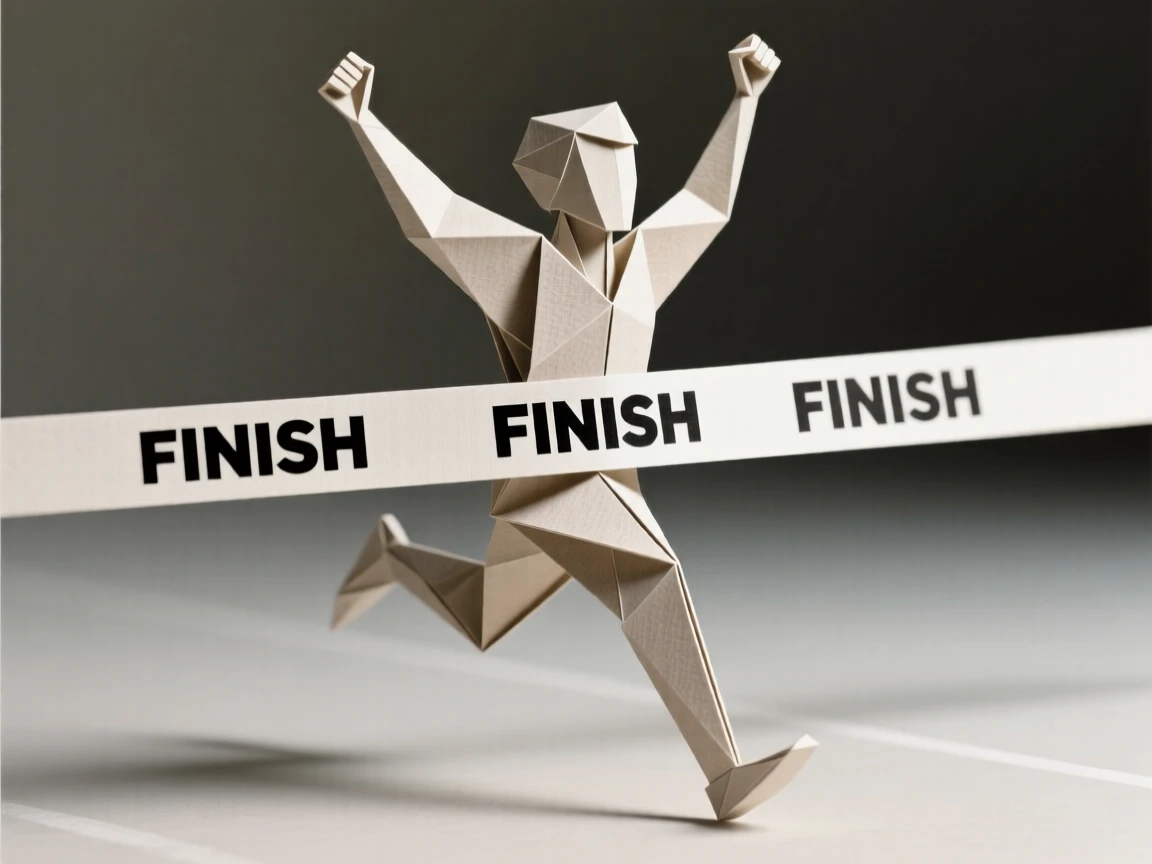 A young athlete crossing the finish line for the first time, arms raised in triumph.