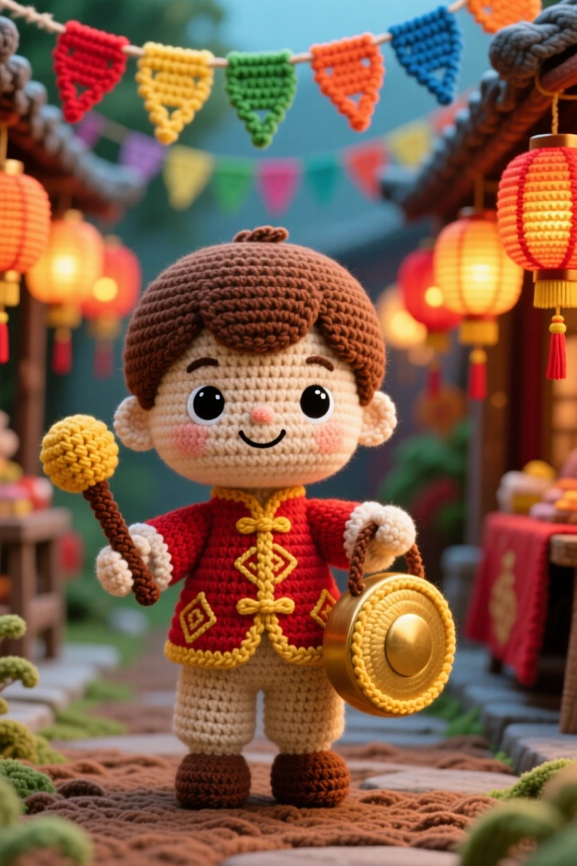 a small boy holding a small gong, for a New Year ceremony, striking it gently to welcome the year, at a festive market street strung with colorful decorations, with a row of glowing lanterns lining the path, radiating the cheerful spirit of a beloved tradition.