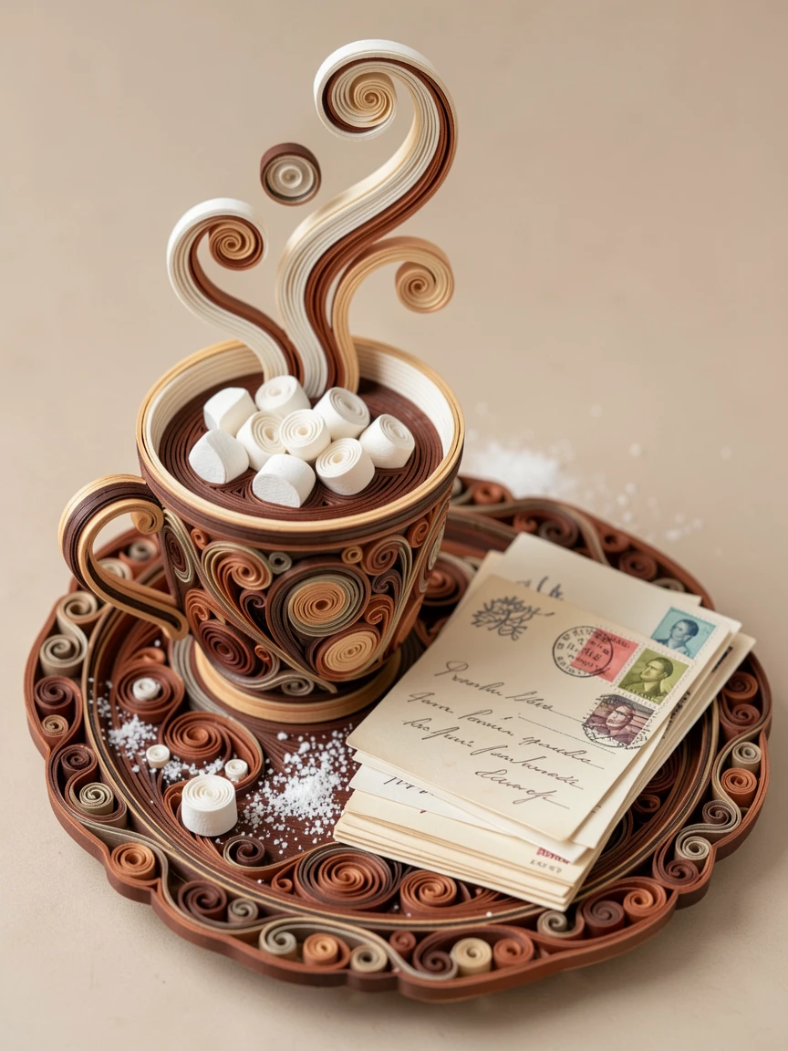 A cozy still life of a steaming mug of hot chocolate topped with marshmallows on a tray beside a stack of vintage postcards, with a light dusting of powdered sugar, composed with warm, inviting close-up framing.