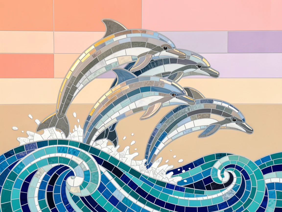 A pod of dolphins leaping through ocean waves.