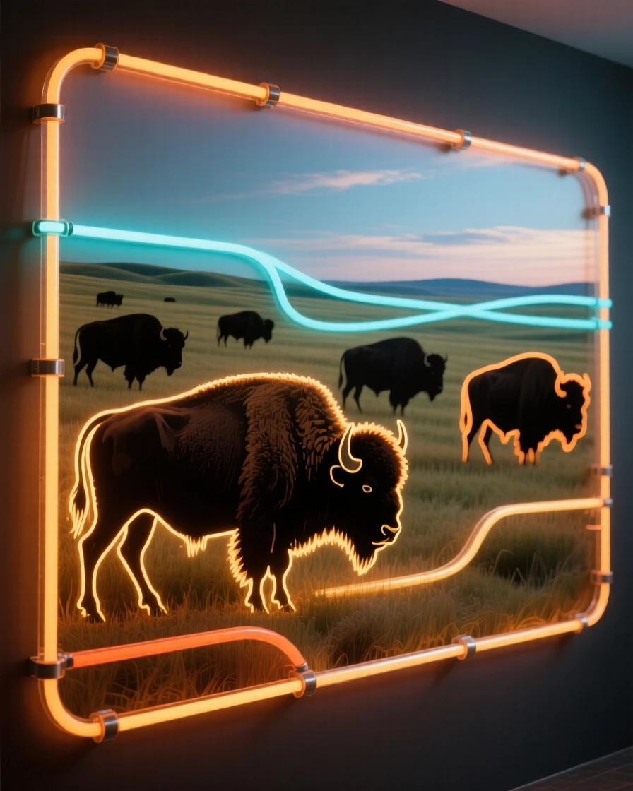 A bison herd grazing across a wide prairie under open sky.