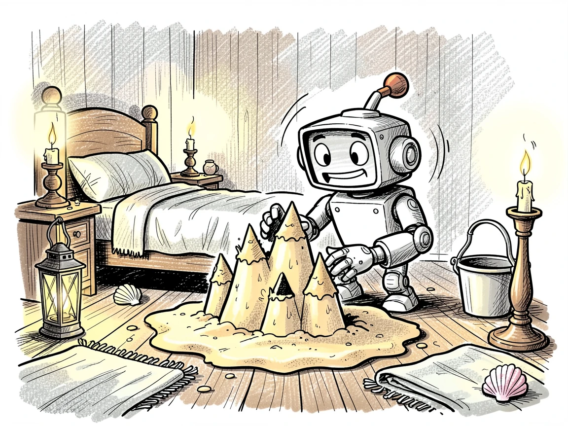A robot building a sandcastle at the beach inside a cozy candlelit bedroom.