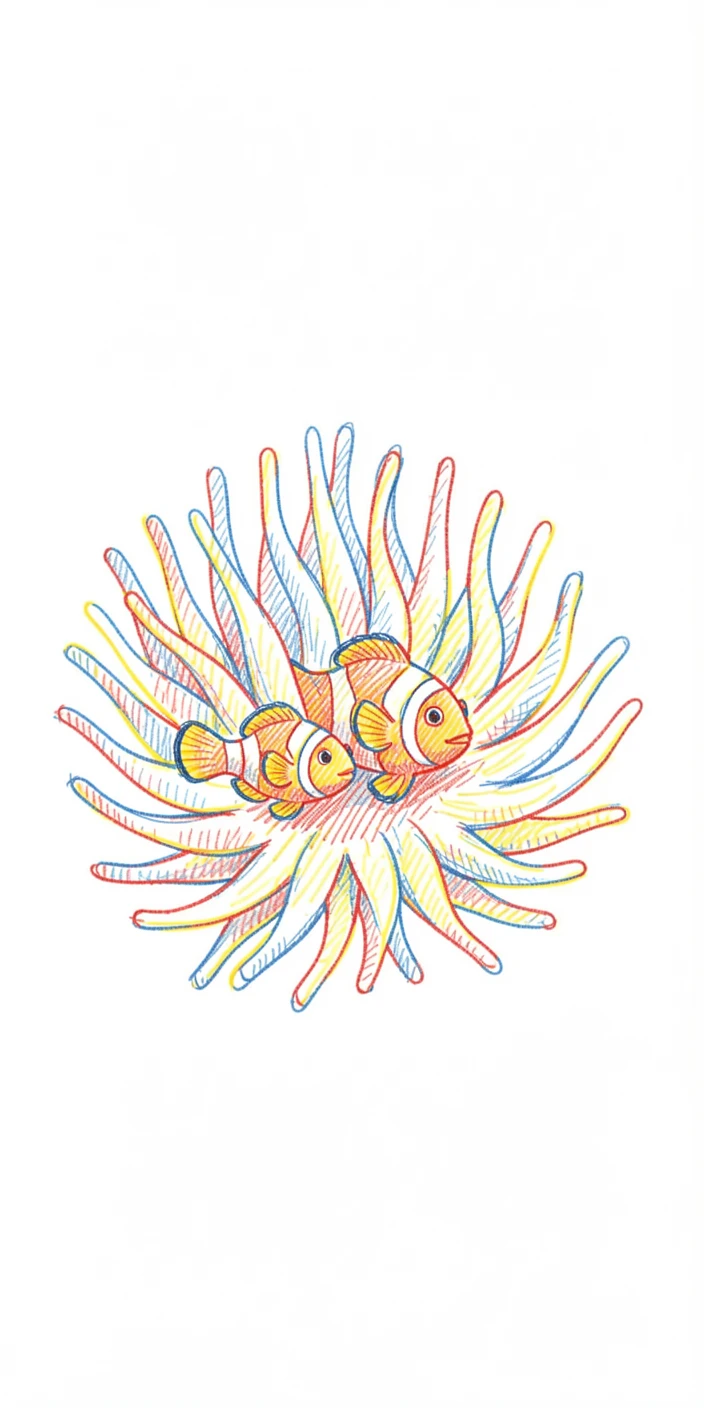 A tiny clownfish family nestled safely among anemone tentacles