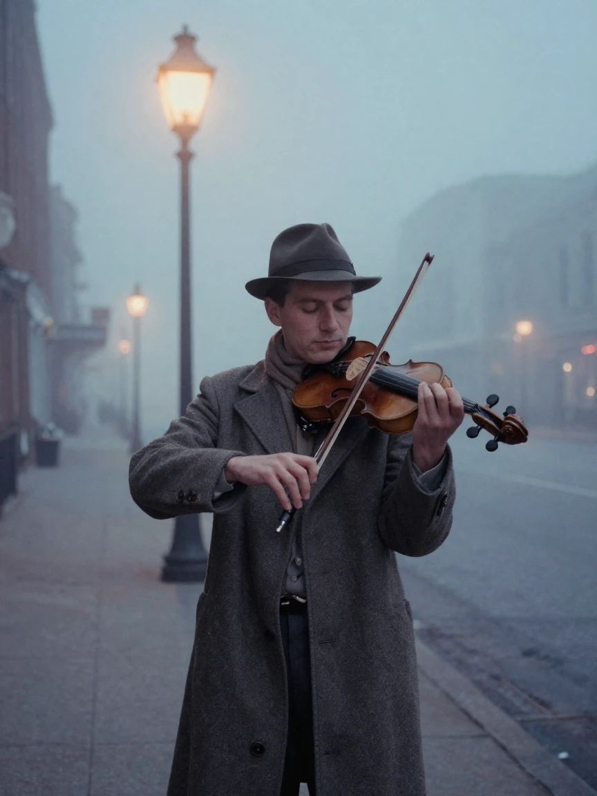 A street violinist with closed eyes lost in his own melody, in cool blue twilight, in thick rolling fog, in the depths of winter, with a soft sepia-tinted glow, at eye level, intimate and direct.