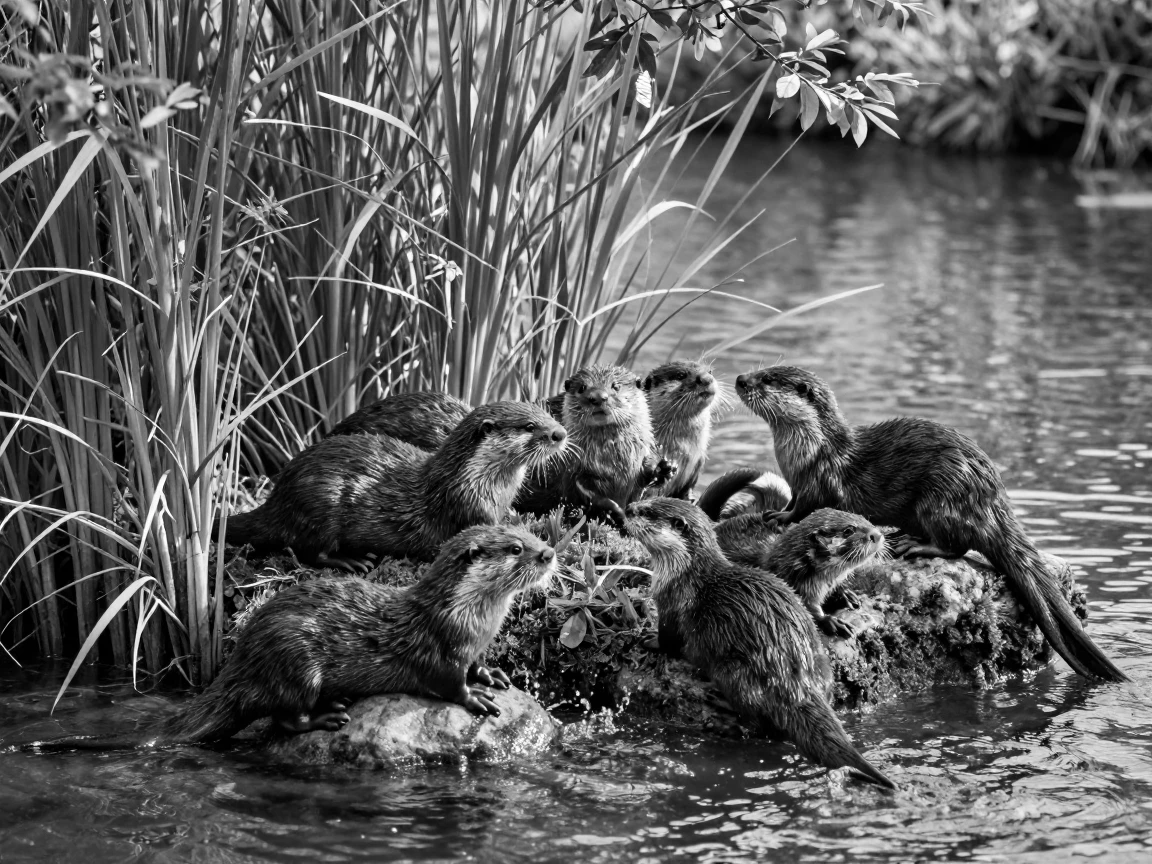 A family of otters plays among river reeds beside a sunlit creek bank.