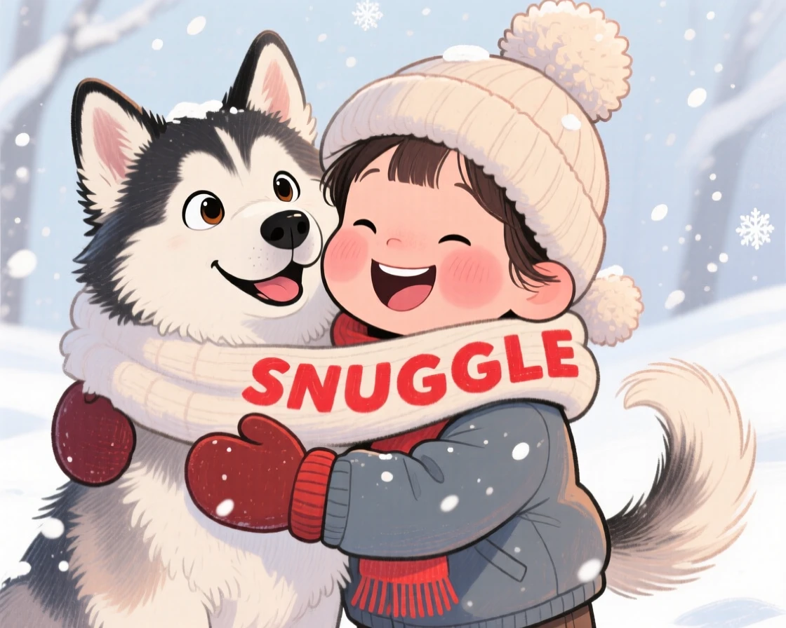A child hugging a fluffy husky puppy in the snow, both bundled up warm.
