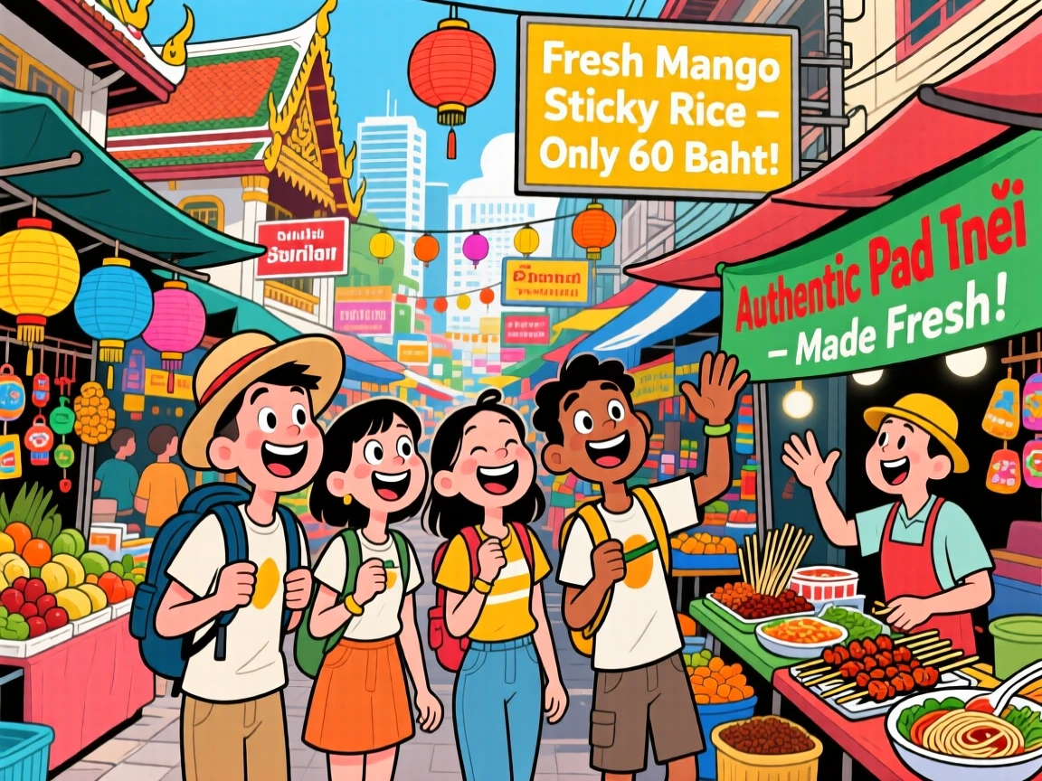 An iconic travel scene featuring a group of friends exploring a vibrant street market in Bangkok, as street vendors call out cheerfully nearby.