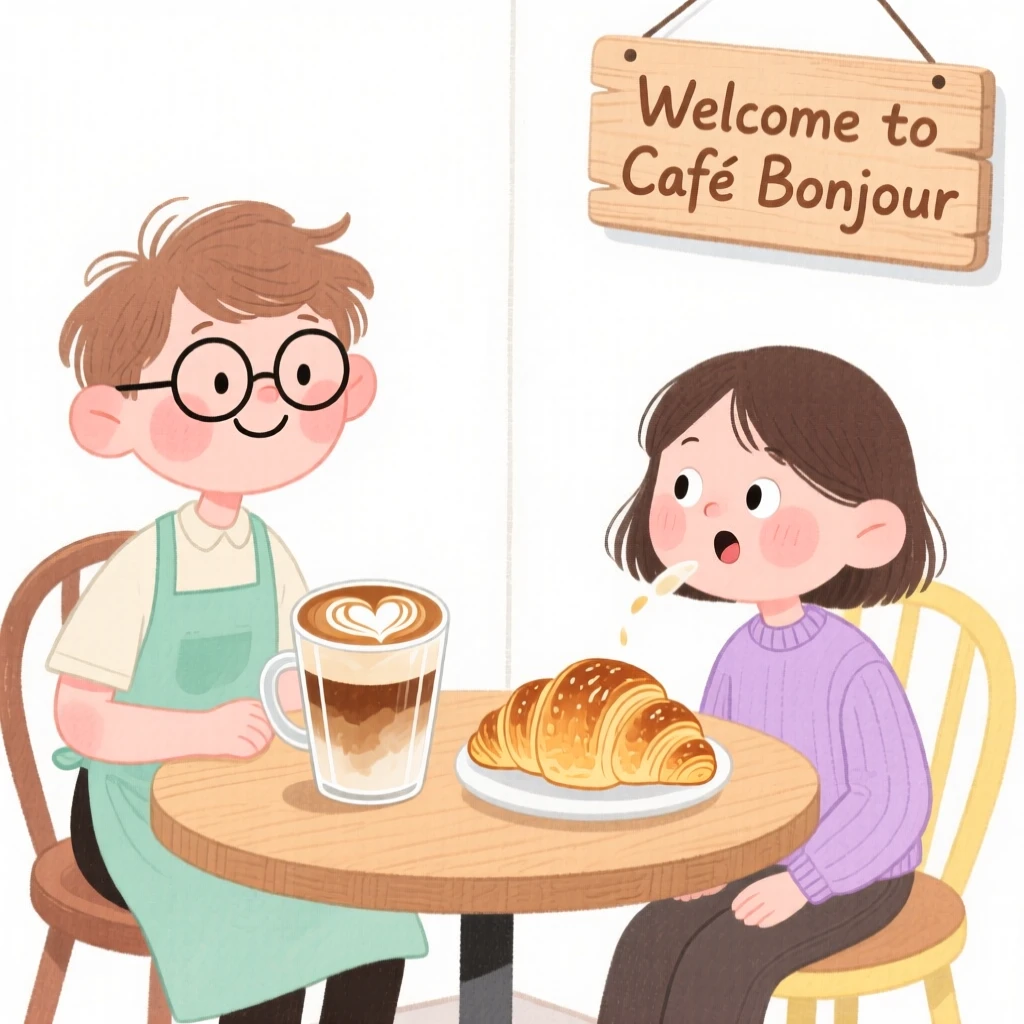 A cozy, appetizing, bright and cheerful scene of a cozy café corner with a latte and a croissant on a wooden table
