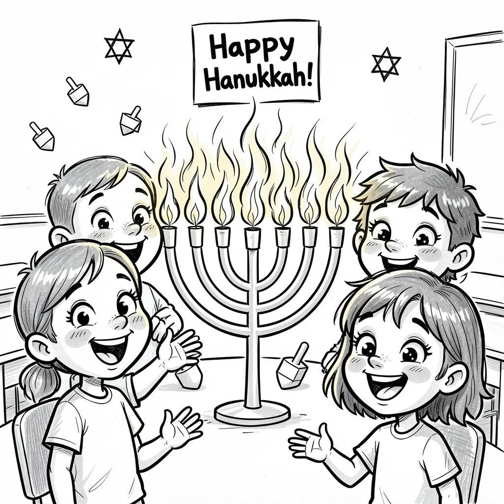 [Seasonal Holidays & Celebrations] Festive scene of a cheerful school class lighting a menorah together, full of celebration and joy