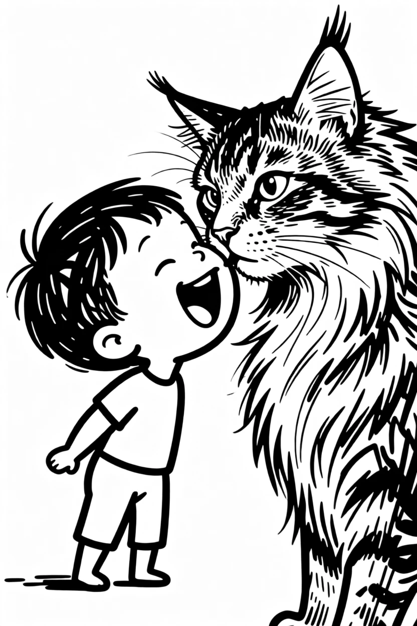 A maine coon cat getting kissed on the head by a delighted toddler.