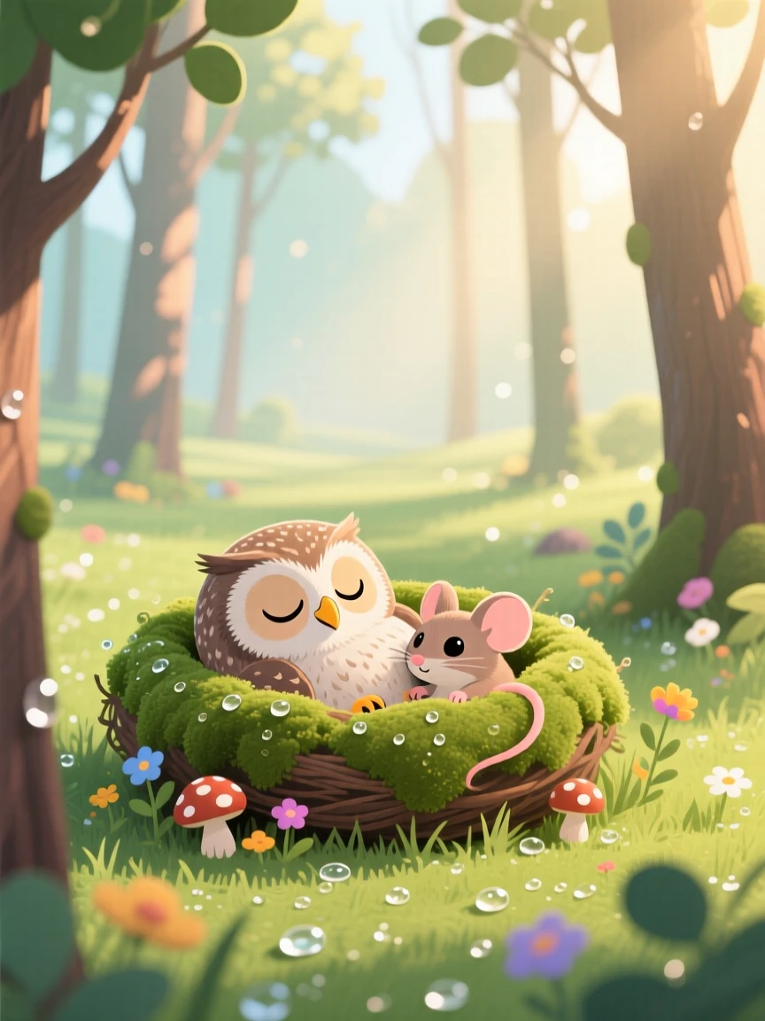 Near a quiet forest clearing, a wide-eyed owlet is napping in a nest of soft moss alongside a small woodland friend, as morning dew glistens on the grass.